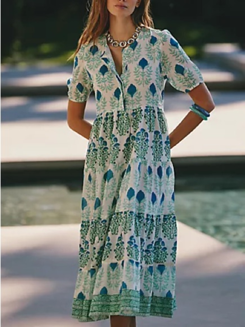 RO's GARDEN 100% Cotton Daphine Midi Teal Floral Tiered Midi Dress Size XS